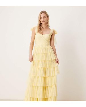 LACE & BEADS Bridesmaid Bow Shoulder Tulle Maxi Dress - Natural