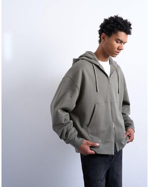 TOPMAN Sweat à capuche oversize épais à fermeture éclair - olive - Gris