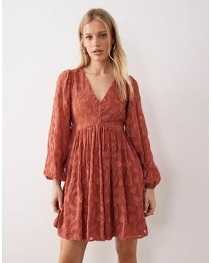 Lovedrobe Floral Burnout Long Sleeve Mini Dress - Red