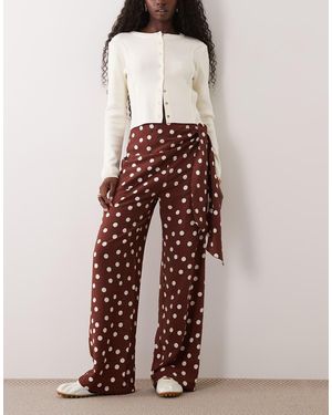 New Look Polka Dot Tie Waist Wide Leg Trousers - Brown