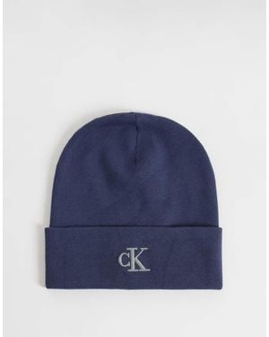 Calvin Klein Rib Knit Beanie With Fine Logo - Blue