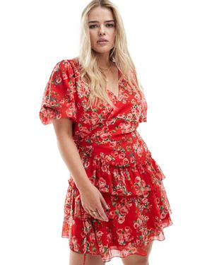 In The Style Plus Chiffon Frill Wrap Mini Dress - Red