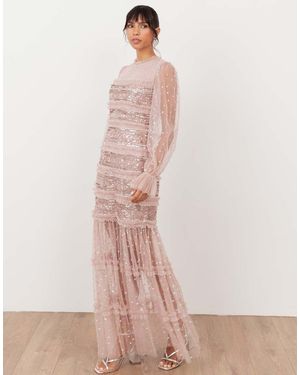 Maya Embellished Long Sleeve Tulle Maxi Dress - Pink