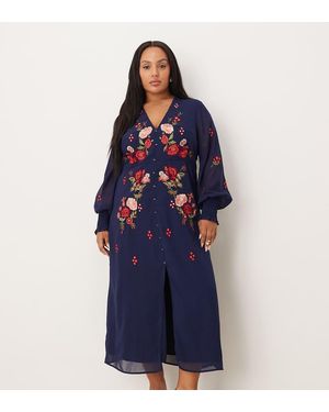 Hope & Ivy Plus Chiffon V Neck Button Front Floral Embroidered Midi Dress - Blue