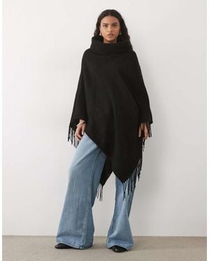 Vero Moda Roll Neck Knitted Poncho With Fringing Detail - Blue