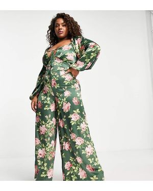 ASOS Asos Design Curve Satin Tea Jumpsuit With Lace Up Back - Green