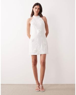 Y.A.S Halterneck Sequin Mini Dress With 3d Floral Applique - Natural