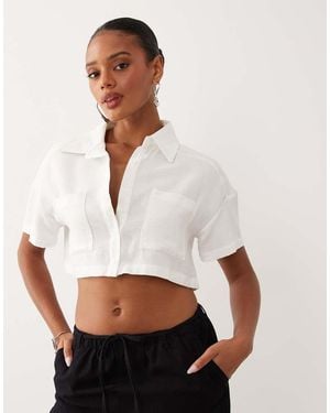 Missy Empire Missy Empire Linen Blend Pocket Front Oversized Sleeve Cropped Shirt - White