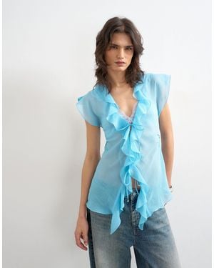 TOPSHOP Ruffle V Neck Top - Blue