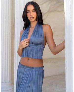 Aria Cove Plisse Halterneck Plunge Open Tie Back Top - Blue