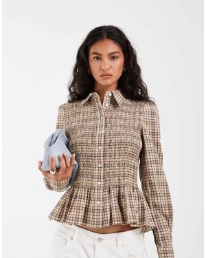 Tommy Hilfiger Camisa A Cuadros Amarillos Fruncida Con Sobrefalda Y Logo De Texto - Marrón