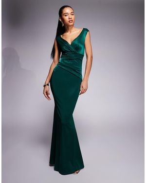 Goddiva Satin Off The Shoulder Maxi Dress - Green