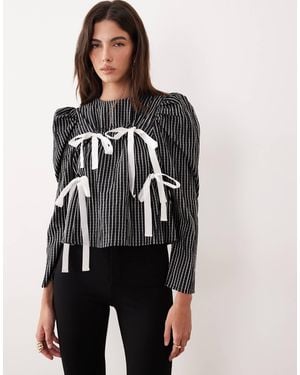 Ghospell Cotton Rich Ruched Bow Detail Top - Black