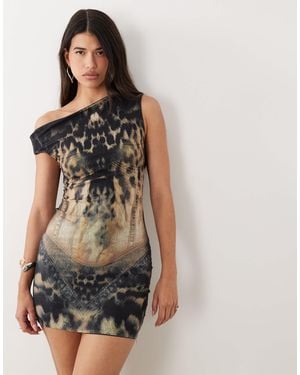 Murci Premium Mesh Off-shoulder Denim Look Mini Dress - Blue
