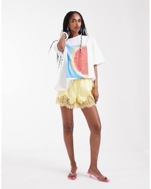 ASOS Lace Trim Satin Drawstring Waist Shorts - White