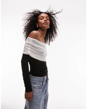TOPSHOP Color Block Sheer Long Sleeve Bardot - White