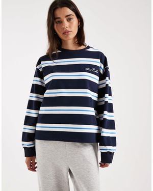4th & Reckless Cotton Rich Embroidered Logo Crew Neck Oversized Long Sleeve Oversized T-Shirt - Blue