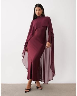 DASKA Satin Mandarin Collar Detail Maxi Dress With Chiffon Cape - Red