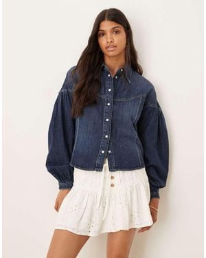 Wrangler Cropped Denim Shirt With Balloon Sleeves - Blue