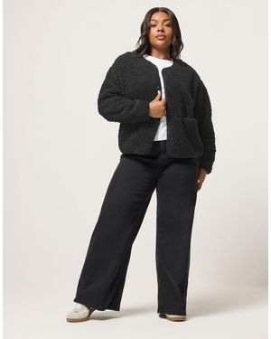 Yours Clothing Collarless Fleece Jacket - Black