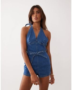 Miss Selfridge Plunge Tie Waist Playsuit - Blue