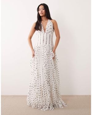 LACE & BEADS Halter Neck Ruffle Maxi Dress in Brown | Lyst