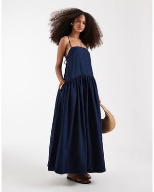 ASOS Denim Smock Midi Dress With Side Pockets - Blue