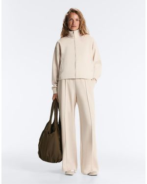 Oysho Cotton Piqué Straight-leg Trousers With Crease - Natural