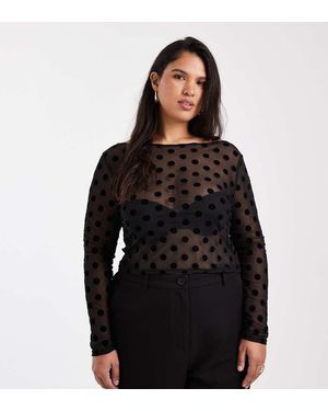 Collusion Plus Slash Neck Polka Dot Flock Long Sleeve Top - Black