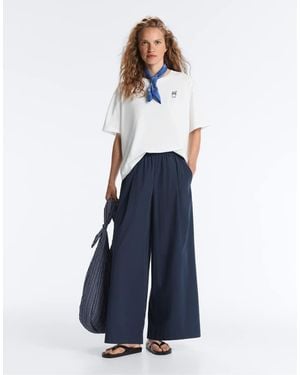 Oysho Wide-leg 100% Cotton Poplin Trousers - Blue