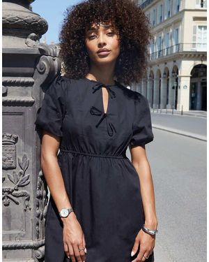 Threadbare Puff Sleeve Tie Front Smock Mini Dress - Blue