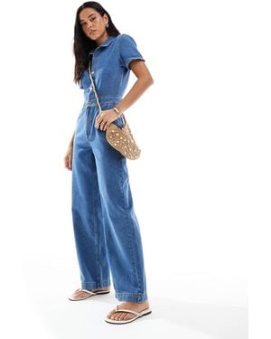 Miss Selfridge Short Sleeve Denim Jumpsuit - Blue