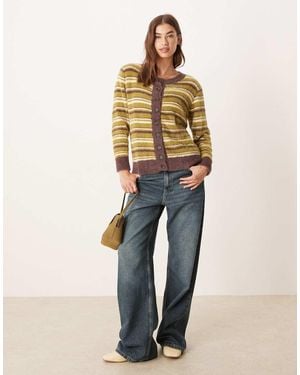 Glamorous Cardigan Soffice Squadrato Verde Oliva A Righe Marroni - Neutro