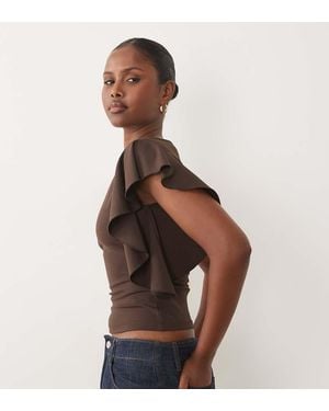 The Frolic Exclusive Slinky Ruffle Shoulder Detail Sleeveless Top - Brown