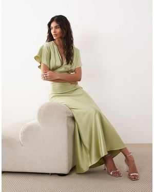 Gina Tricot Batwing Plunge Satin Maxi Dress - Green
