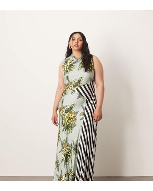 ARRANGE Vestido Largo Sin Mangas Con Cuello Desbocado Y Estampados Floral Y A Rayas De Curve - Verde