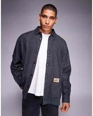 ASOS Oversized Denim Look Shirt With Badge Detail - Blue