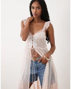 Miss Selfridge Sheer Lace Maxi Dress With Godets - Pink