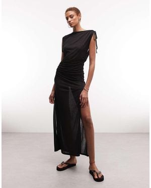 Weekday Sheer Slash Neck Maxi Dress With Ruched Side Detail - Black