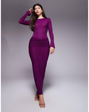 Ruched & Ready Mesh Ruched Drape Detail Bodycon Maxi Skirt Co-Ord - Purple