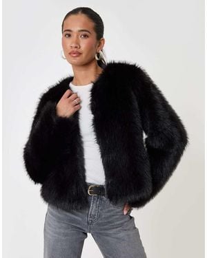Threadbare Collarless Faux Fur Jacket - Black