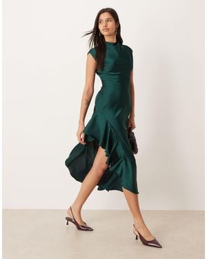 Ghospell Satin High Neck Ruffle Trim Thigh Split Midi Dress - Blue