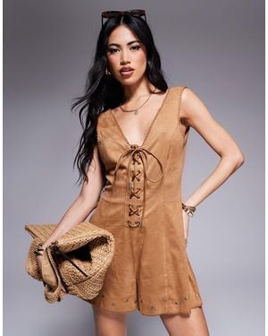ASOS Suedette Lace Up Playsuit With Stud Detail - Brown