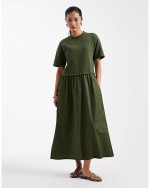 Threadbare Poplin Short Sleeve Midi Dress - Green