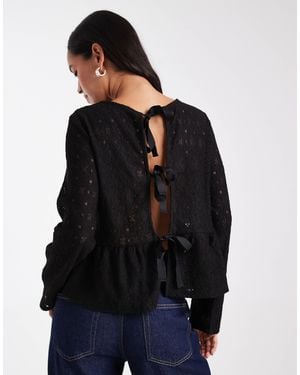 Object Jersey Lace Peplum Hem Top With Bow Tie Back Detail - Blue