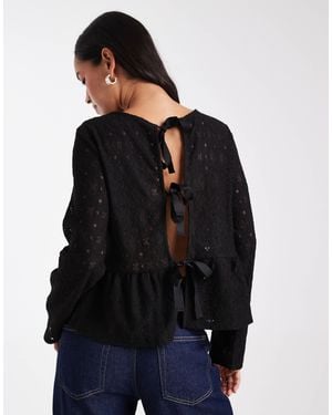 Object Jersey Lace Peplum Hem Top With Bow Tie Back Detail - Blue