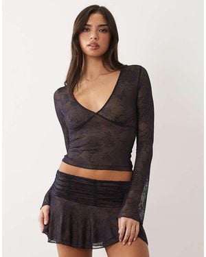 I.AM.GIA Yvette V Neck Butterfly Pattern Lace Logo Flare Sleeve Top Co-ord - Blue