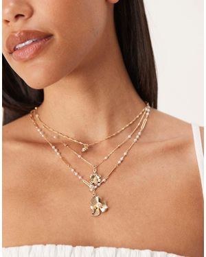 ASOS Multi-row Necklace With Dot-dash Chain And Floral Details - Natural