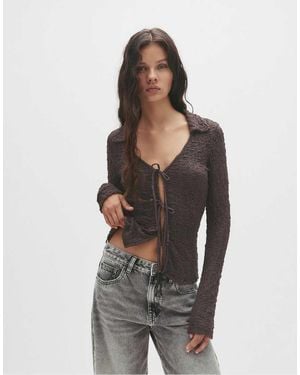 Pull&Bear Textured Blouse With Bows - Brown