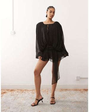 Lioness Elements Petite Chiffon Drape Detail Balloon Sleeve Tie Waist Mini Dress - Black
